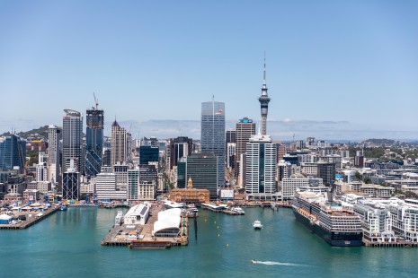 Auckland City with cruise ship docked Shed 10 in the foreground with PWC and ANZ Towers in front of Skytower v2